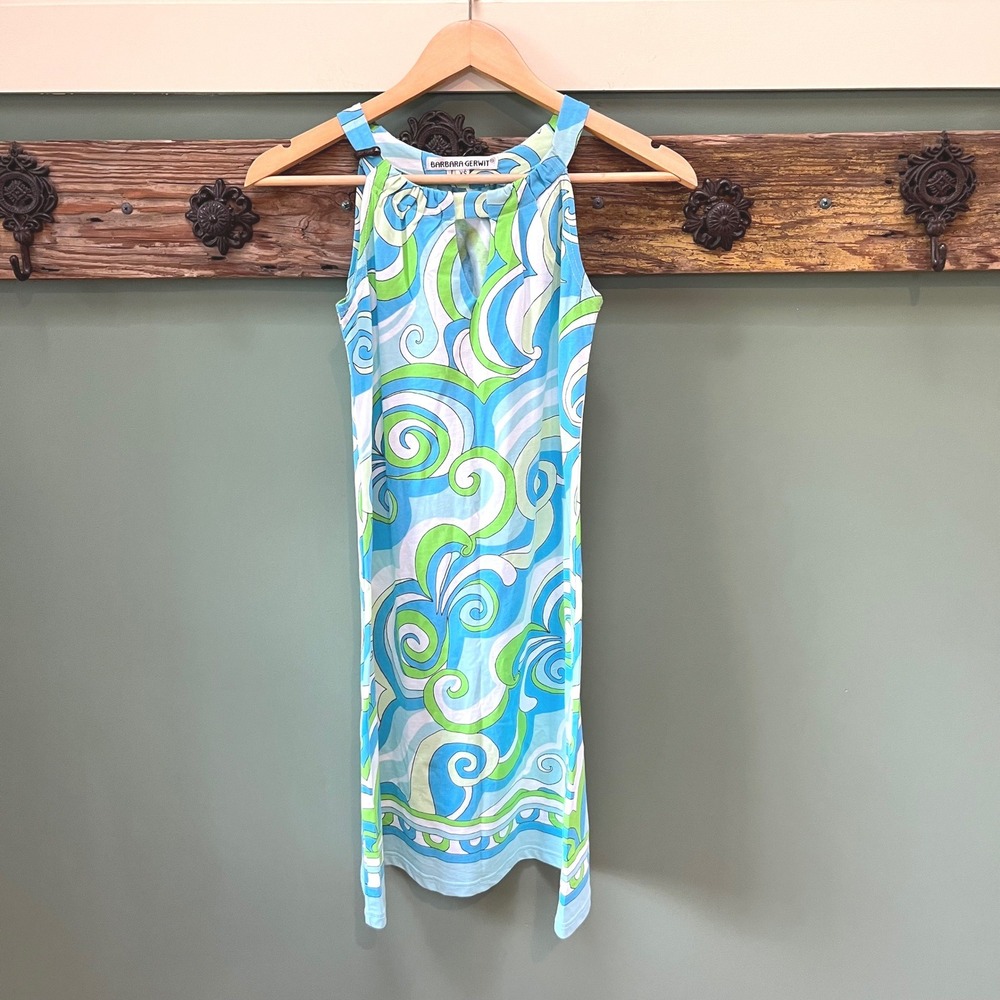 Barbara Gerwit Blue Green Swirl Print Halter Keyhole Shift Dress XS Retro Mod